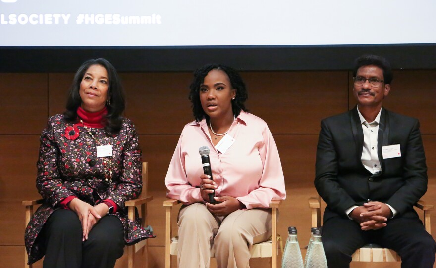 Alexis Thompson (left) of Children's Hospital of Philadelphia and the University of Pennsylvania, Gray (center) and Gautam Dongre of the Indian-based National Alliance of Sickle Cell Organisations were panelists at the gene-editing summit in London.