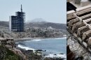 At left, a stalled high-rise construction project is shown near Rosarito, Mexico in an undated photo. At right, Alvaro Alvarez's art work from the series "46 Renacimientos" depicts the same building in a sculptural painting.