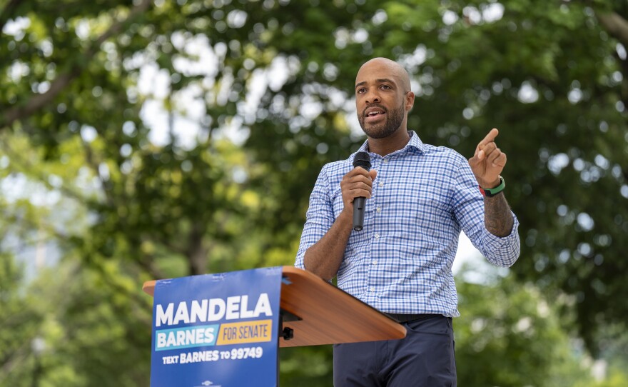 Wisconsin Lt. Gov. and Democratic candidate for U.S. Senate, Mandela Barnes, speaks to supporters at a rally outside of the Wisconsin State Capital building in July.