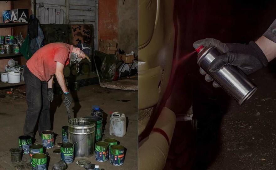 Left: A painter mixes paint for several cars that need to be camouflaged that day. Right: A painter adds dark red spots to a truck to camouflage with the reddish dirt and mud often found in Ukraine’s east and south.