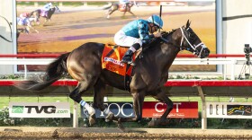 Rockingham Ranch's Nucky and jockey Norberto Arroyo, Jr. compete in the Grade I, Runhappy Del Mar Futurity at Del Mar Thoroughbred Club in Del Mar, Calif., Monday, Sept. 2, 2019. They won the Grade I, $300,000 Runhappy Del Mar Futurity.
