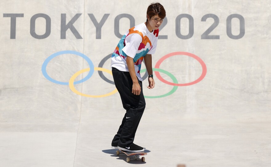 Yuto Horigome of Team Japan practices on the skateboard street course before winning a gold medal at the Tokyo Summer Olympic Games at the Ariake Urban Sports Park on Sunday.