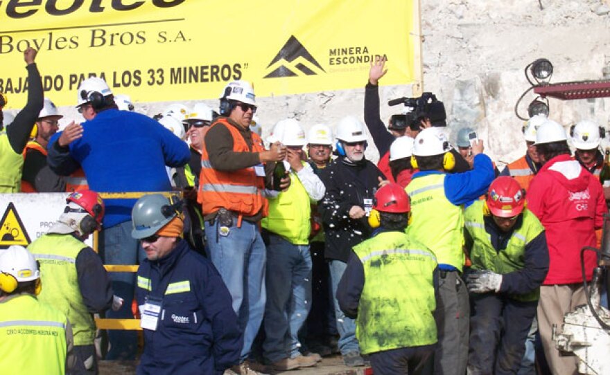 "Plan B" team celebrating on breaking through to the miners on Saturday, October 9, 2010, San José Mine, Copiapo, Chile. With special access to the site of the San José, Chile, mine and interviews with the mining engineers and the miners’ families, NOVA chronicles the miners’ 69-day ordeal and the heroic work of a global team of engineers who struggled tirelessly around the clock in a desperate bid to bring the trapped miners safely to the surface.