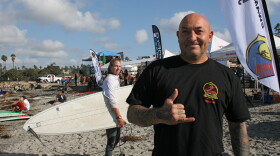 Swami’s Surfing Association president, Marcelo Lobos, at  "Return to the Reef" Invitational at Cardiff Reef Beach, Oct 29, 2014.



