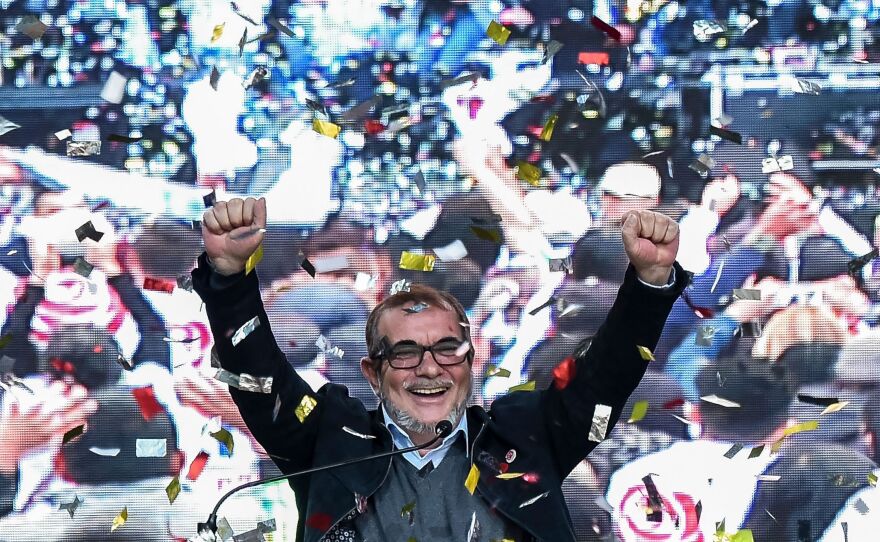 Rodrigo Londoño, a onetime FARC guerrilla commander known as Timochenko, launches his candidacy for president of Colombia in the Ciudad Bolívar neighborhood of Bogotá on Saturday.