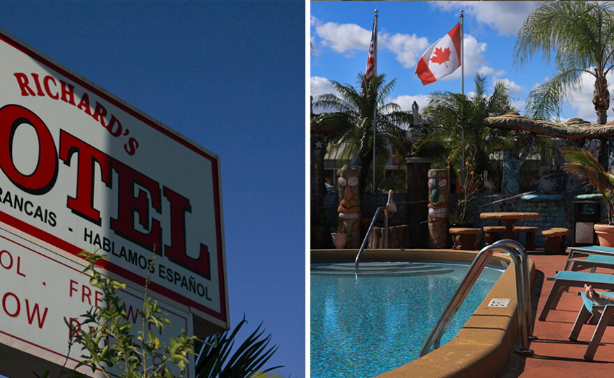 A sign indicating that French is spoken hangs outside Richard's Hotel in Hollywood, Fla., on Feb. 10. Karen Hopper, on vacation from Quebec, enjoys the weather poolside at the hotel.