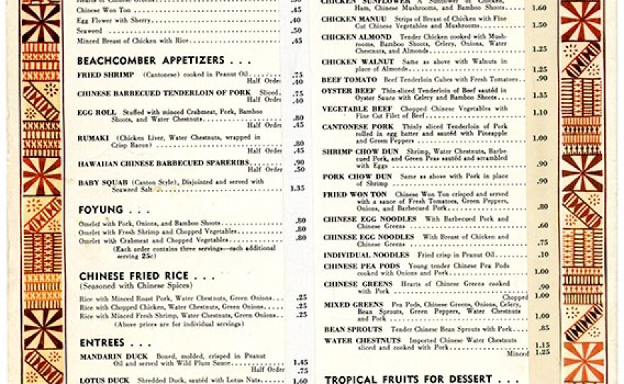 The menu at Don the Beachcomber from 1943. The restaurant opened in 1934 in LA, kicking off the tiki bar craze. The menu was loosely inspired by the tropical flavors that owner Donn Beach encountered during his travels in the South Pacific.