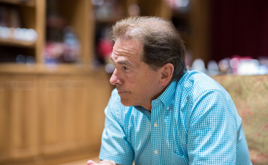 Before a practice this month, Nick Saban reflects on last season's national championship drubbing. He's worked all summer to get ready for this season to "not waste a failure."