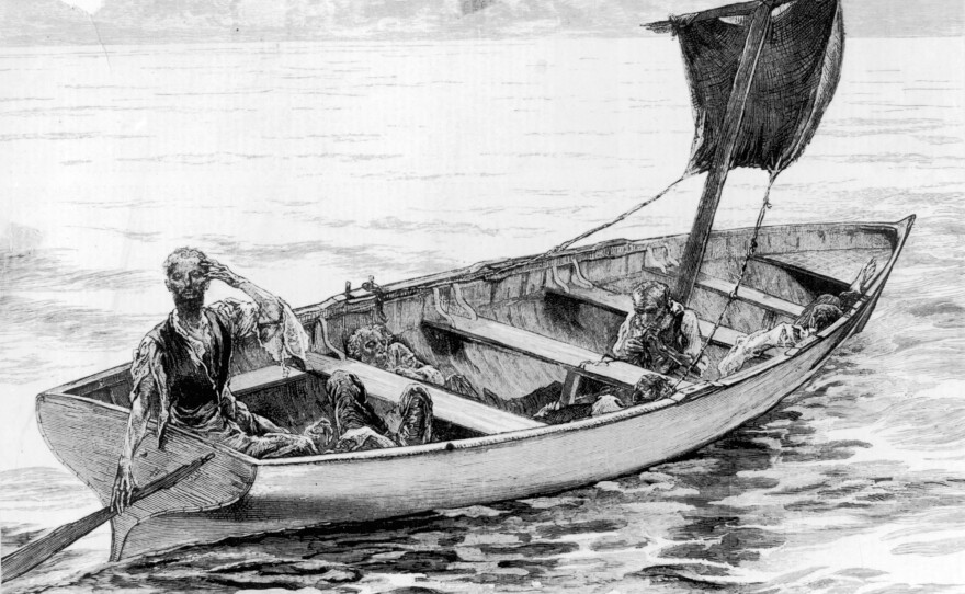An illustration from 1875 depicts the survivors of the frigate <em>Cospatrick</em>, which caught fire off South Africa's Cape of Good Hope in November 1874. Of more than 470 people on board, just three ultimately survived, and they <a href="http://www.nzherald.co.nz/nz/news/article.cfm?c_id=1&objectid=10382697">were reduced to cannibalism</a>.