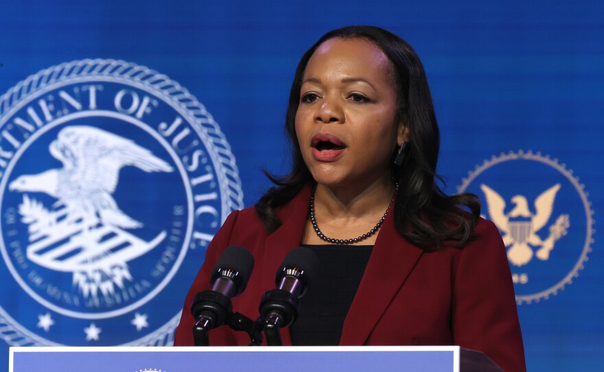 Kristen Clarke delivers remarks after being nominated to be civil rights division assistant attorney general by then-President-elect Joe Biden on Jan. 7. Her confirmation hearing is on Wednesday.