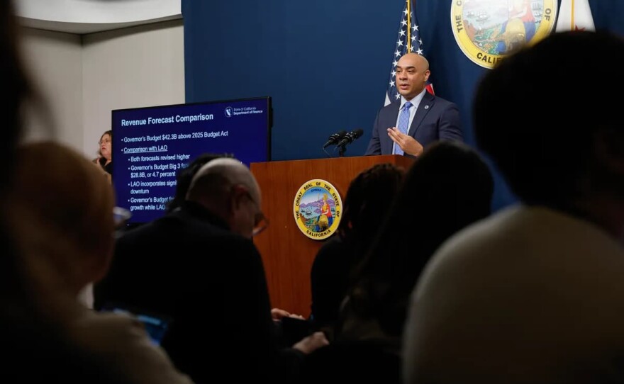 California's Director of Finance, Joe Stephenshaw, leads the budget proposal presentation for the 2026-27 fiscal year, at the Capitol Annex Swing Space, on Jan. 9, 2026.