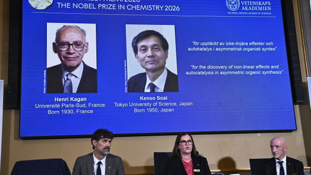 Portraits of Henri Kagan and Kenso Soai are shown on the screen as they are awarded the 2026 Nobel Prize in Chemistry, at the Royal Swedish Academy of Sciences in Stockholm, Sweden, on Oct. 7, 2026.