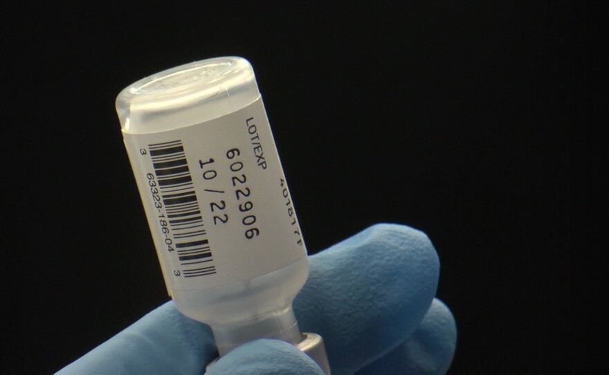 A vial of a COVID-19 vaccine at the CSU San Marcos vaccination site. Feb. 22, 2021.