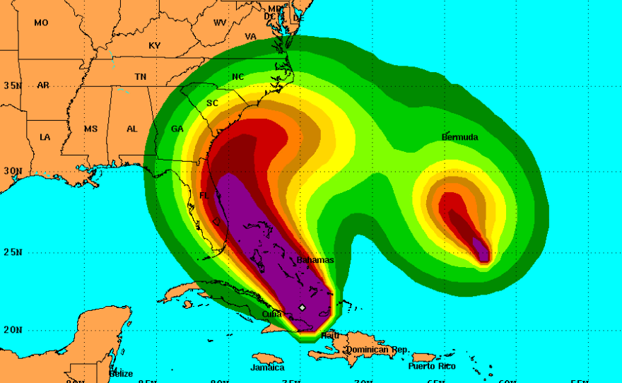 The probability of tropical storm force winds predicted by the National Hurricane Center for Hurricane Matthew.