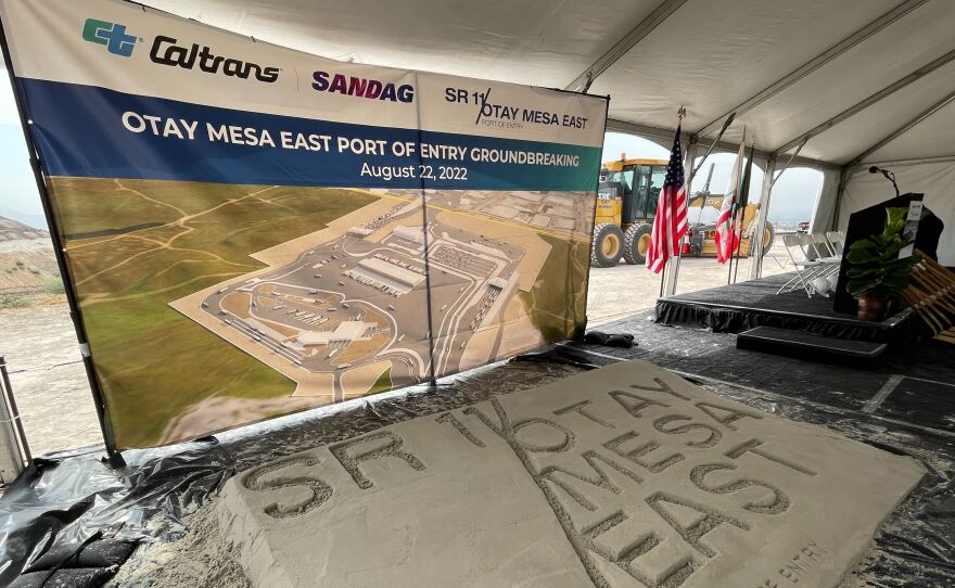 A poster with the rendering of the Otay Mesa East Port of Entry.