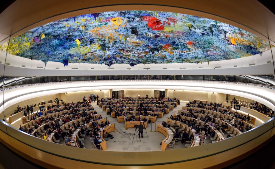 The United Nations Human Rights Council in Geneva, seen earlier this year during a presentation on the conflict in Syria. On Tuesday, Secretary of State Mike Pompeo and Ambassador Nikki Haley announced that the U.S. will be withdrawing from the council.