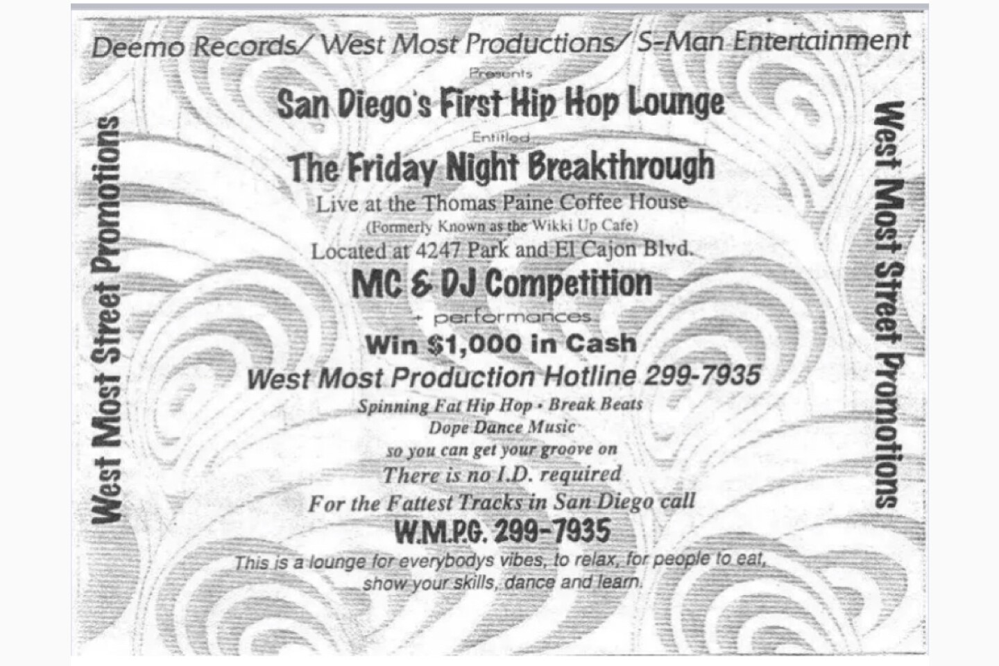 Front side of flyer from a monthly event thrown by WestMost Productions on the corner of Park Blvd and El Cajon Blvd.