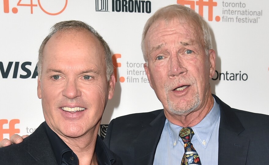 Actor Michael Keaton (left) portrays Globe journalist Walter Robinson (right) in Spotlight.