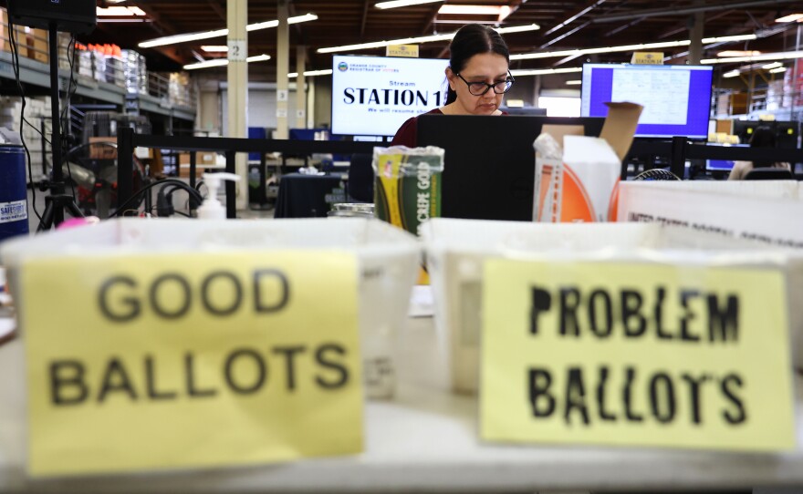 An election worker processes vote-by-mail ballots at the Orange County Registrar of Voters on Oct. 27 in Santa Ana, Calif.