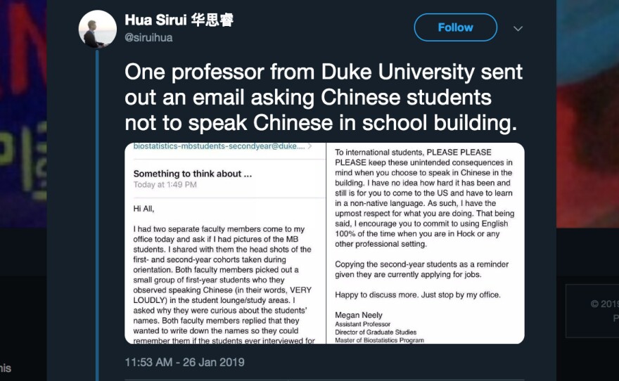 Megan Neely's email to Duke University graduate students in biostatistics was circulated in a tweet.