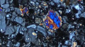 A portion of the interior of the lunar 'Rusty Rock' is shown in this undated photo. 