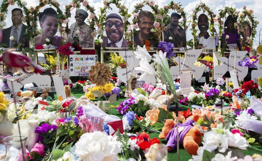 A memorial for the supermarket shooting victims is set up outside the Tops Friendly Market on Thursday, July 14, 2022, in Buffalo, N.Y.