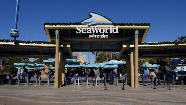 The main entrance gate at SeaWorld is shown on Nov. 14, 2024.