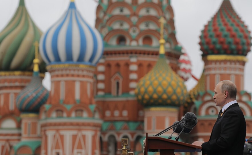 Russian President Vladimir Putin speaks at the Red Square during the Victory Day military parade in Moscow on May 9, 2017.