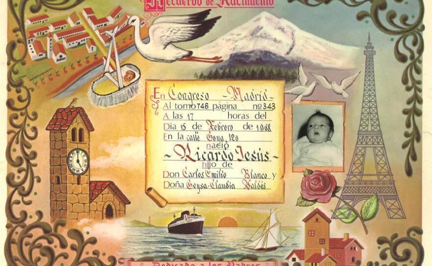 Blanco says his <em>recordatorio,</em> a memento of his birth, shows that he "was a man of the world before I could even walk."