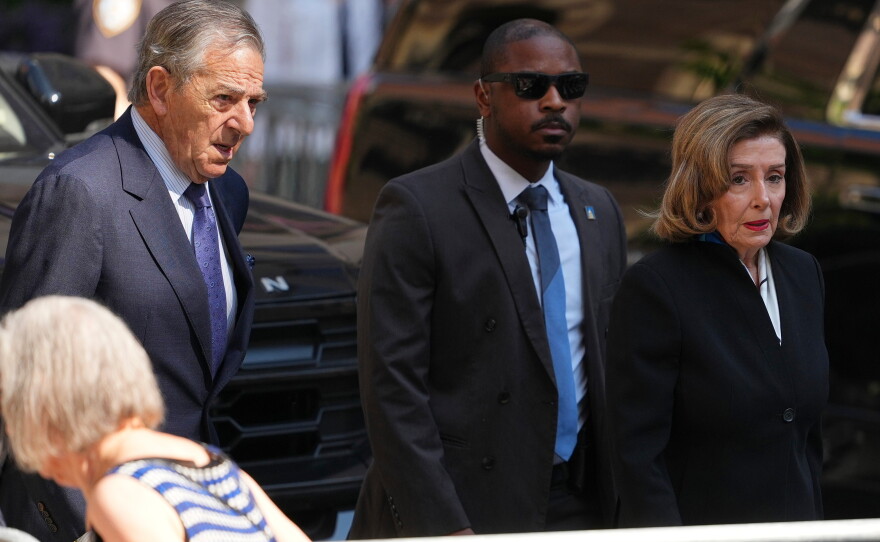 Rep. Nancy Pelosi, D-Calif., and her husband Paul arrive at the funeral services for Clive Davis at Central Synagogue in New York, Monday, June 29, 2026.