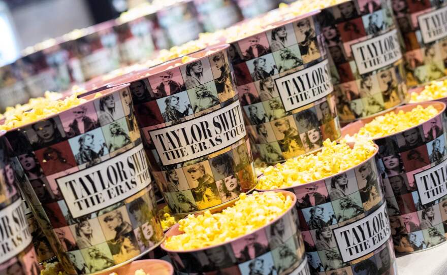 Popcorn buckets at the <em>Taylor Swift: The Eras Tour</em> concert movie world premiere at AMC The Grove in Los Angeles, Calif., on Oct. 11, 2023.