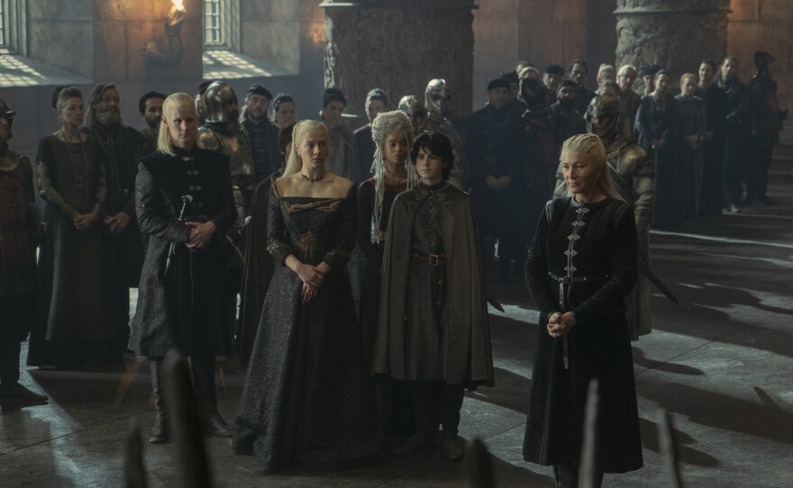Rhaenys's Turn: (L to R): Daemon (Matt Smith), Rhaenyra (Emma D'Arcy), Rhaena (Phoebe Campbell) and Jace (Elliot Grihault) listen to Rhaenys (Eve Best). As everyone should, always.