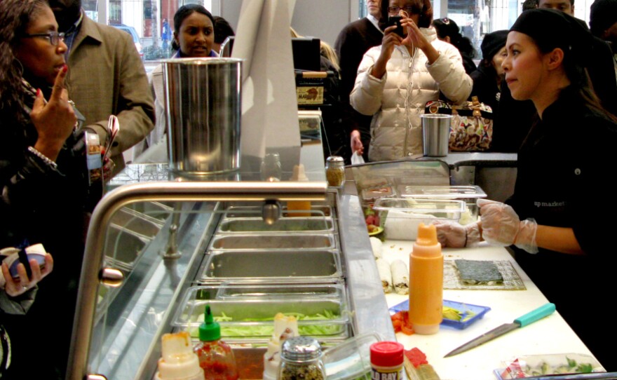 The new upscale Walgreens has a sushi bar, seen above, in addition to a bakery, coffee bar, juice bar, frozen yogurt stand and specialty cheese counter.