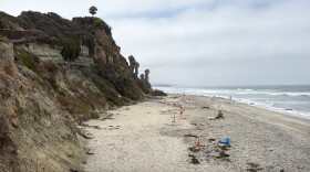 Traffic cones mark off an area at San Elijo State Beach where active bluff failure is occurring, July 9, 2026.