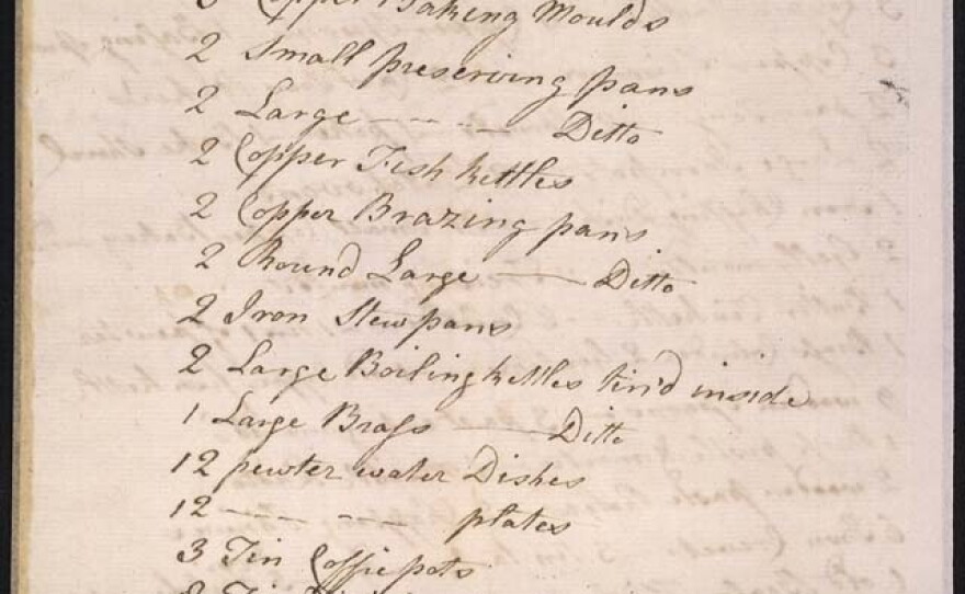A handwritten inventory of Thomas Jefferson's kitchen utensils at his Monticello estate written by James Hemings, who was enslaved and trained as a French chef.