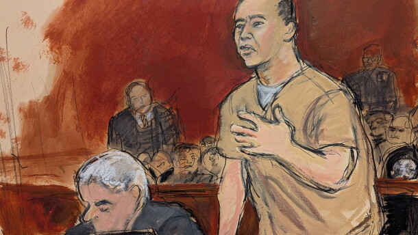 In this courtroom sketch, Guo Wengui, Chinese business tycoon, makes his sentencing statement at Manhattan federal court in New York, Monday, June 29, 2026.