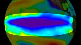 During La Nina, the waters off of South America are cooler than normal. As shown here, red is warmer than normal and blue is cooler than normal. During the La Nina event, the cool waters extend well into the Pacific Ocean.