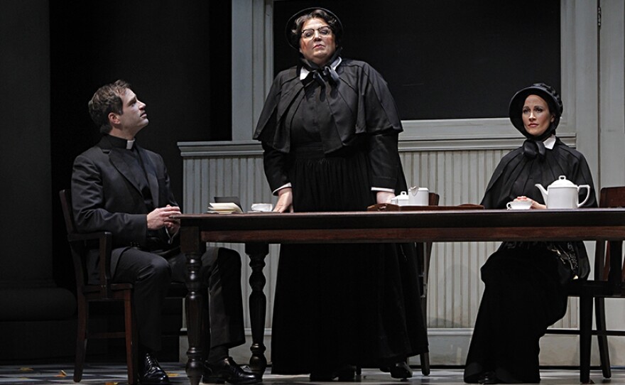 Matthew Worth as Father Brendan Flynn, a parish priest, Christine Brewer as Sister Aloysius Beauvier, the school principal and Adriana Zabala as Sister James, a teacher and a nun in Minnesota Opera's "Doubt."