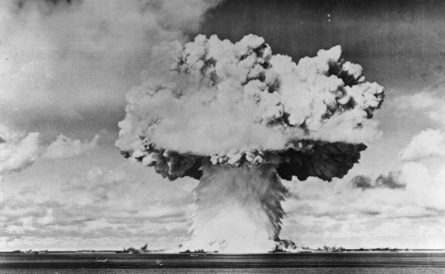 A U.S. atomic bomb test explosion off Bikini Atoll, Micronesia.