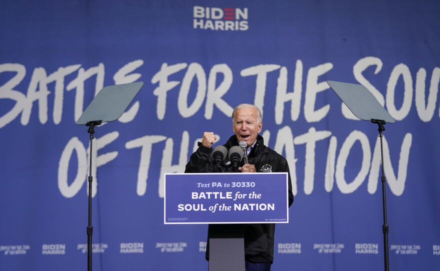 Democratic presidential nominee Joe Biden speaks at an event Sunday at Sharon Baptist Church in Philadelphia.