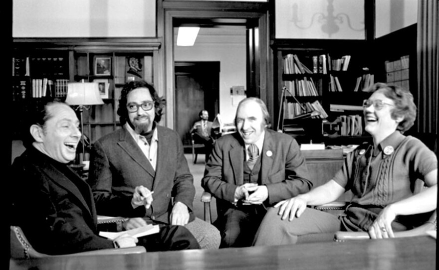 Activists Ronald Gold (left), Charles Silverstein, Frank Kameny and Barbara Gittings celebrated victory at APA headquarters in Washington, D.C., on Dec. 15, 1973 — the day the APA Board of Trustees announced its decision to remove homosexuality from the organization's manual of mental illnesses.