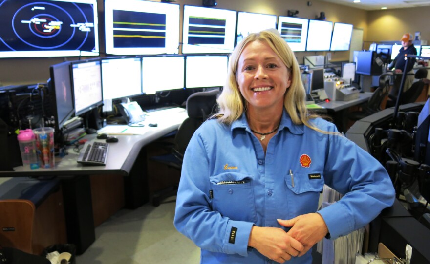 Leaza Greenroad-Ford in her workspace on board the Olympus. She helps keep the huge platform level by moving water in the hulls. Greenroad-Ford worked in the chemical industry before accepting a job offshore with Shell in 2013.