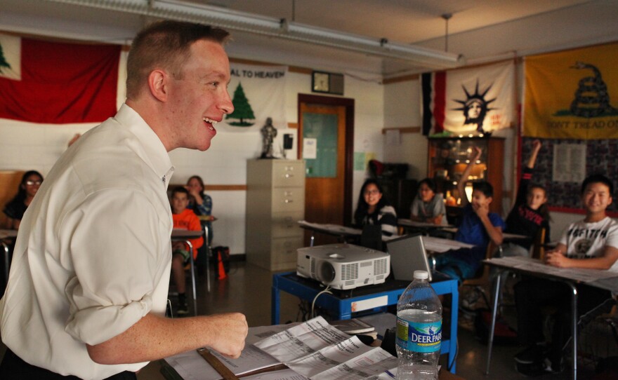 Joshua Weinstein with his seventh-graders at Brooklawn Middle School in Parsippany, NJ.