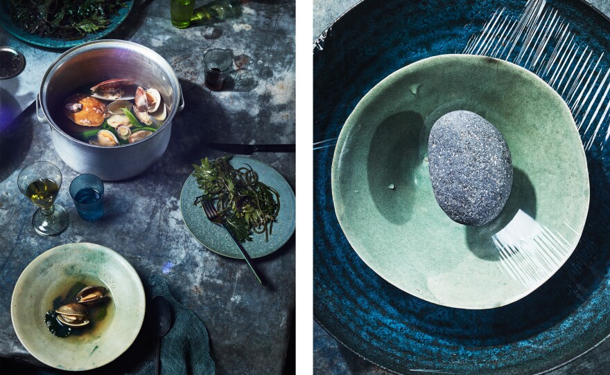 Left: Mollusks in broth with mustard greens. Mustard greens are hardy plants that could withstand climate fluctuations. Right: A DIY method for desalinating ocean water for cooking and drinking.