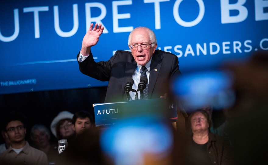 Democratic presidential candidate Sen. Bernie Sanders, D-Vt., speaks at a rally in the Exeter town hall on Feb. 5, in Exeter, N.H.