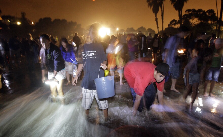 People stand on the beach to catch grunion during the annual grunion run at Cabrillo Beach in San Pedro, Calif., in 2009.