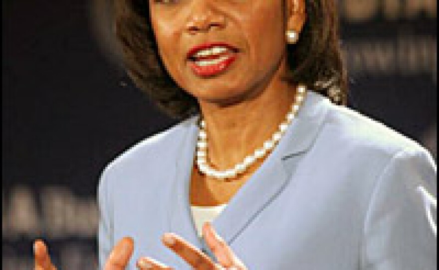 Secretary of State Condoleezza Rice, shown here in June, offers a vigorous defense of U.S. engagement in the Middle East — yet reiterates that Washington will not negotiate with Hamas.