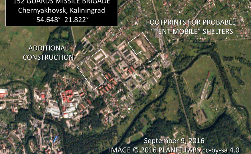 A satellite image shows ground being cleared in Kaliningrad for tent-like shelters used at other Iskander bases.