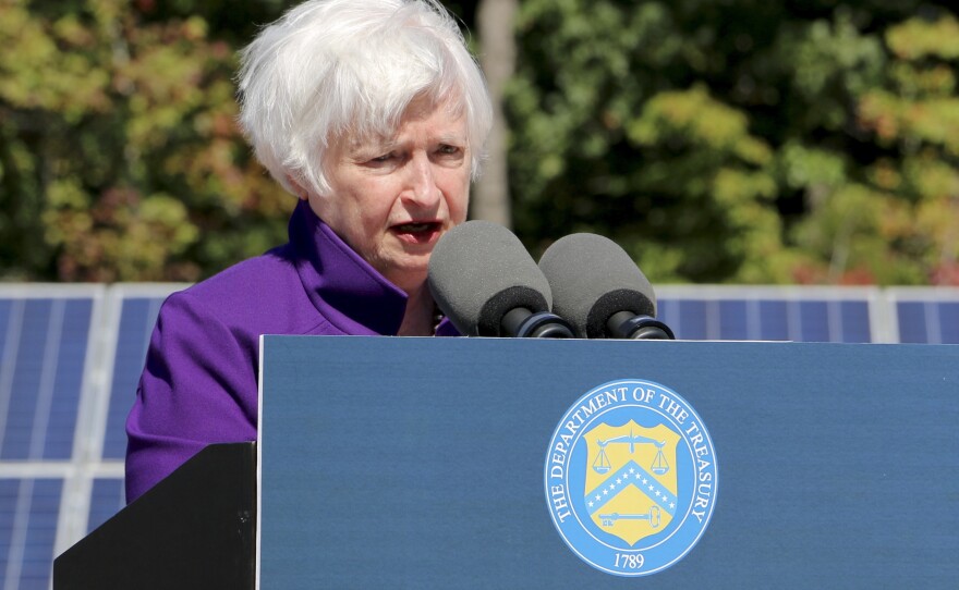 Treasury Secretary Janet Yellen speaks at Cypress Creek Renewables solar field in Chapel Hill, N.C., on Tuesday.