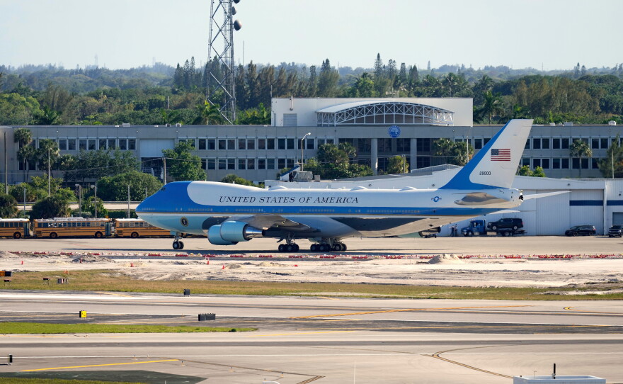Air Force One pictured outside Palm Beach International Airport in April. Trump makes frequent trips to his Florida home.
